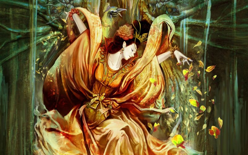 woman in flowing robes with bird