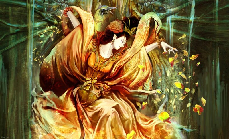 woman in flowing robes with bird