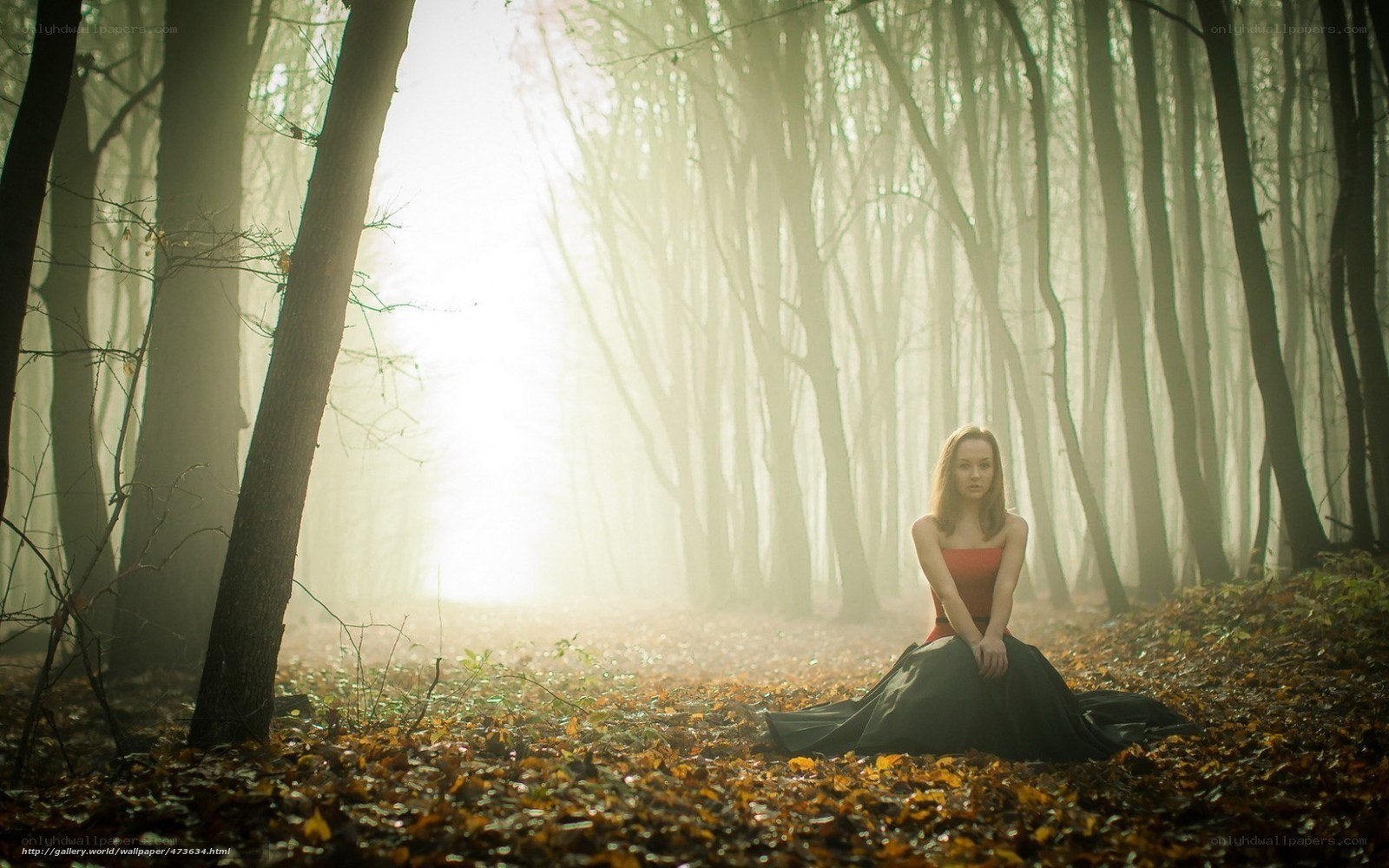 Woman in forest at dawn