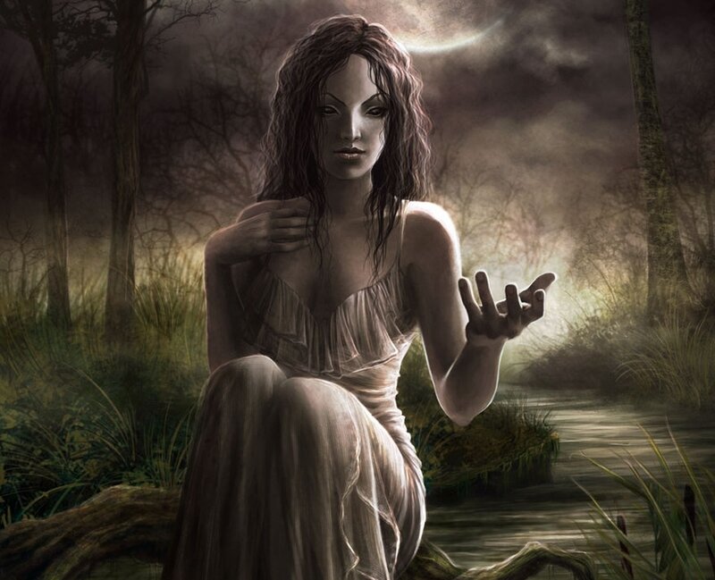 woman in forest at night