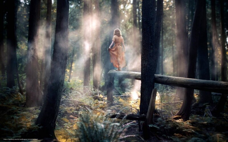 Woman in forest at sunrise