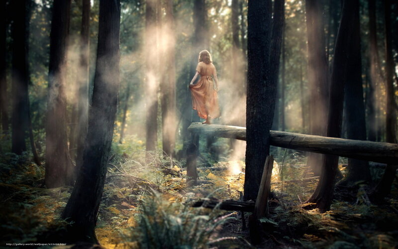 Woman in forest at sunrise