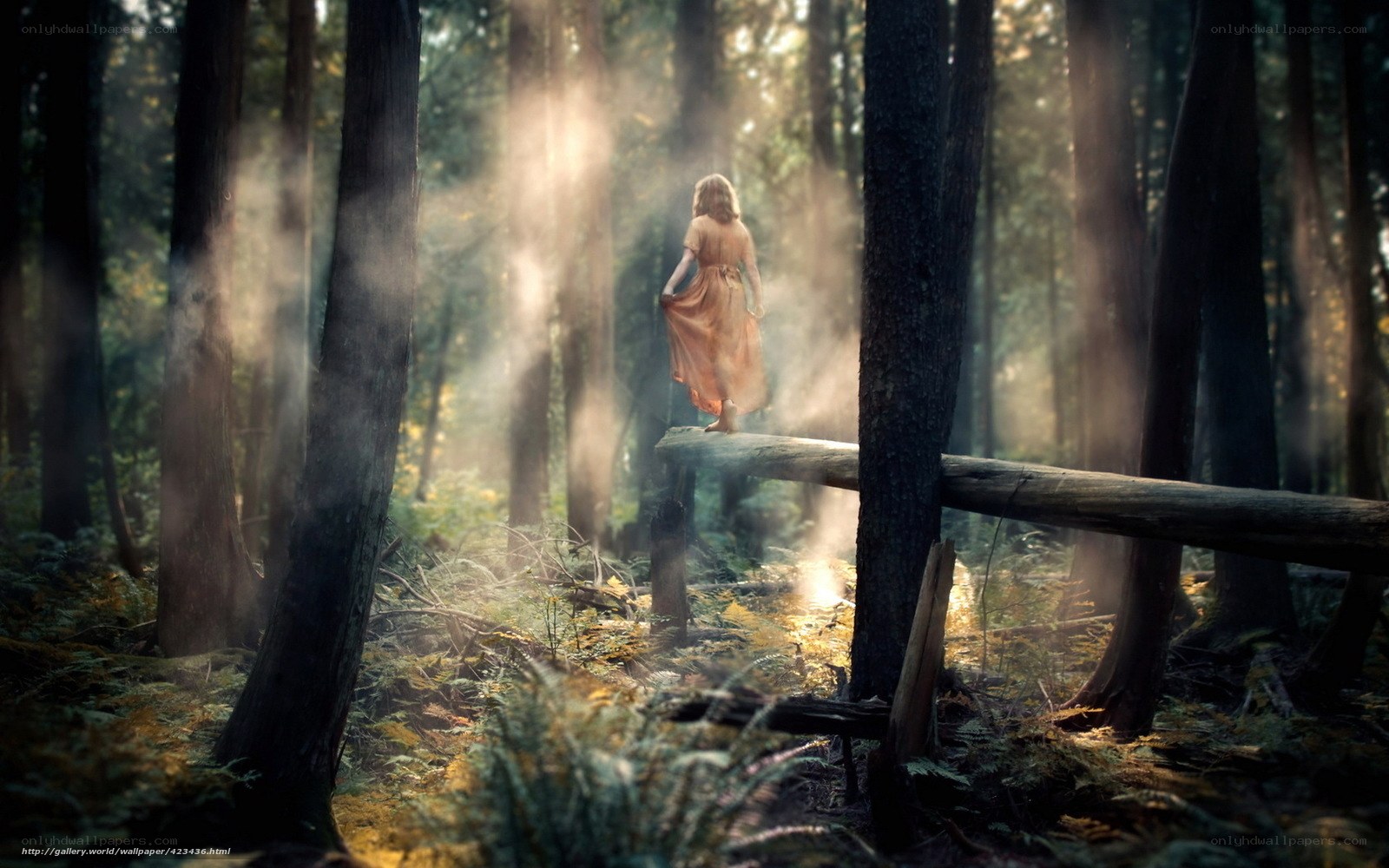 Woman in forest at sunrise
