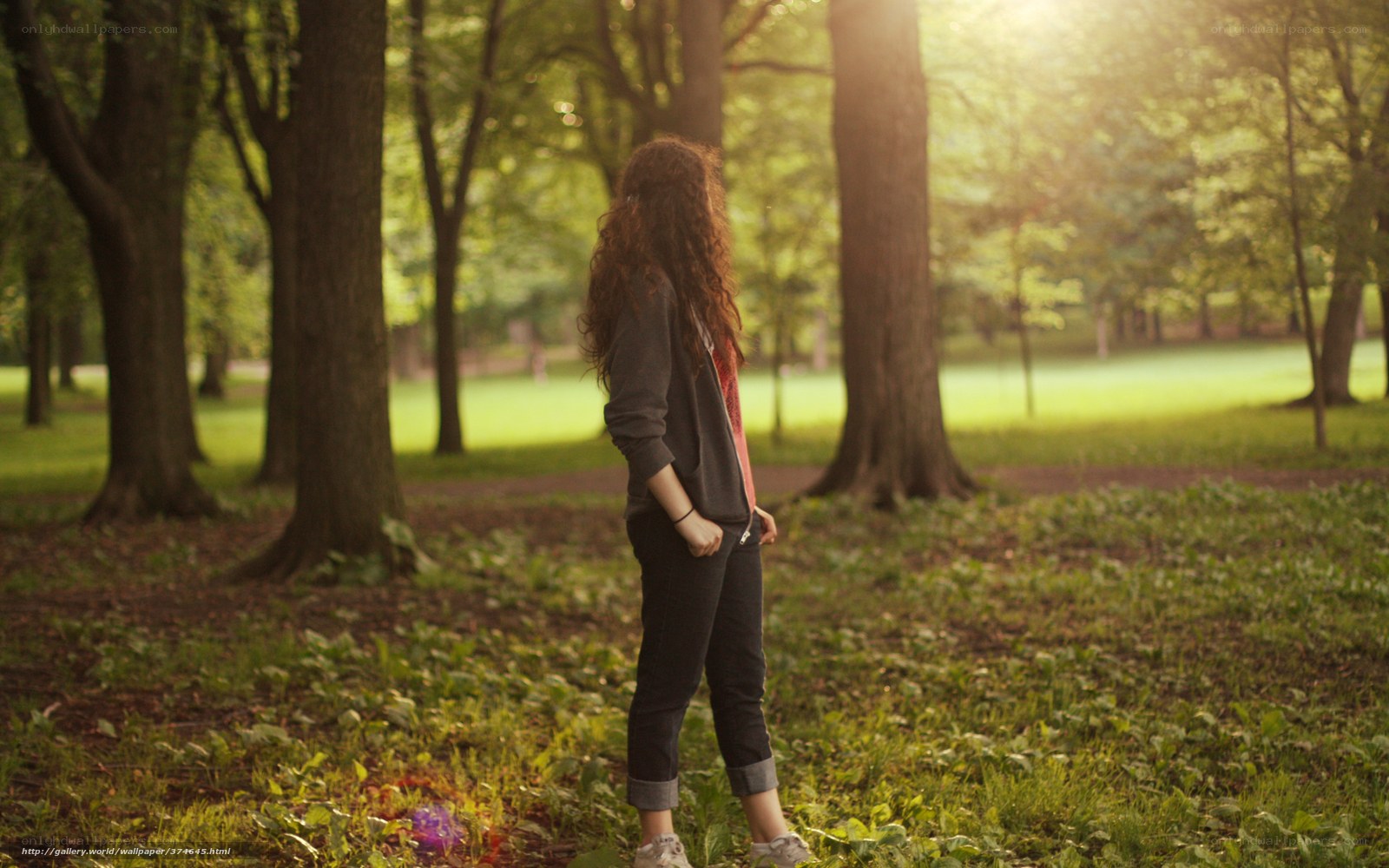 woman in forest at sunset
