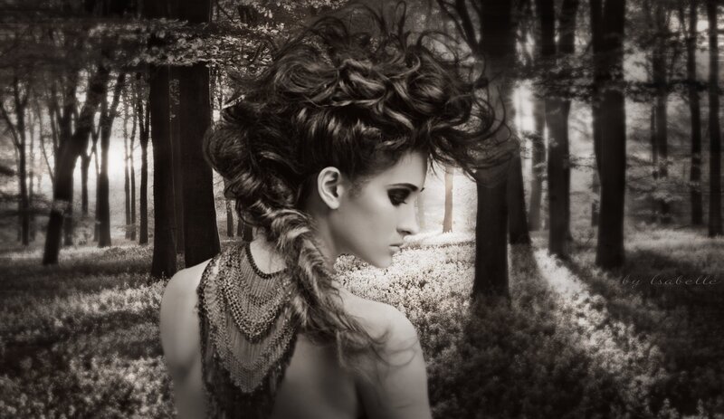 Woman in Forest — Black, Dramatic, Afternoon