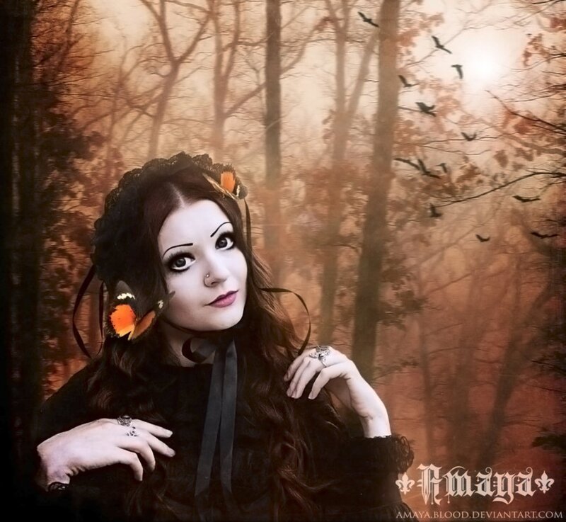 Woman in Forest — Black, Dramatic, Autumn, Digital Art, Butterflies