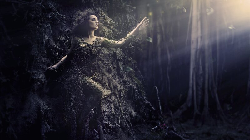 Woman in Forest — Black, Dramatic, Night, Digital Art, Roots, Light Rays