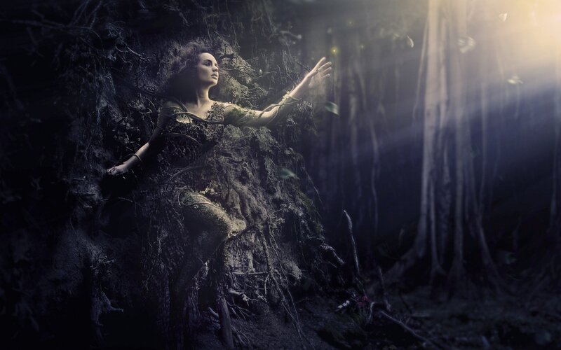Woman in Forest — Black, Dramatic, Night, Digital Art, Roots