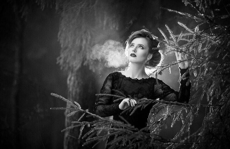 Woman in Forest — Black, Dramatic, Night, Photograph, Branches