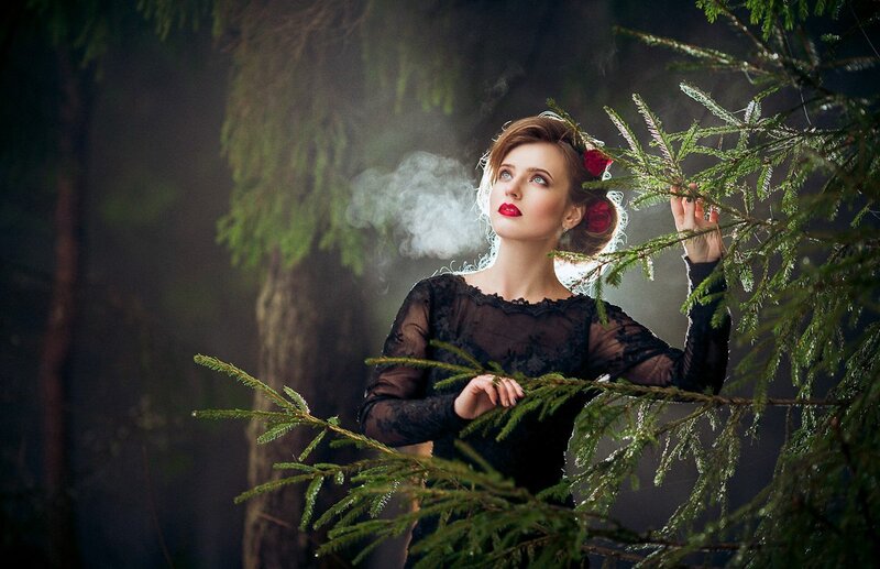 Woman in Forest — Black, Dramatic, Night, Photograph, Rose