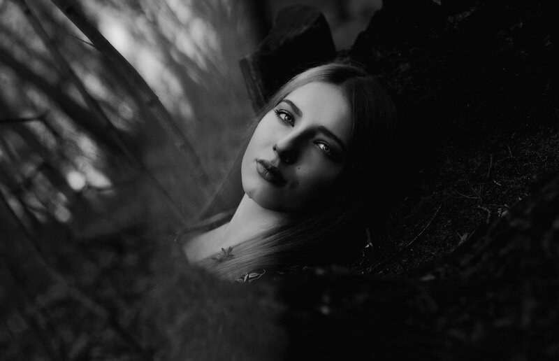 Woman in Forest — Black, Dramatic, Photograph, Tree
