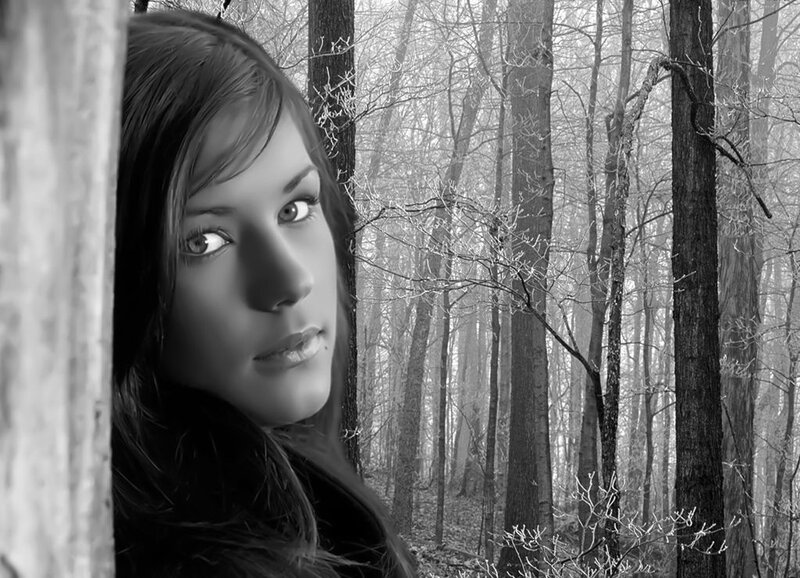 Woman in Forest — Black, Dramatic, Winter, Photograph, Trees