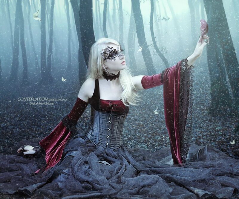 Woman in Forest — Black, Mysterious, Night, Digital Art, Mask