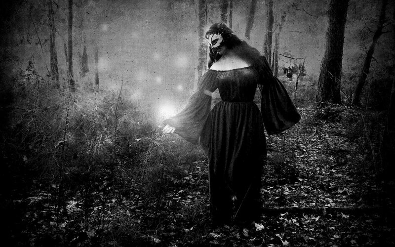 Woman in Forest — Black, Mysterious, Night, Photograph, Mask