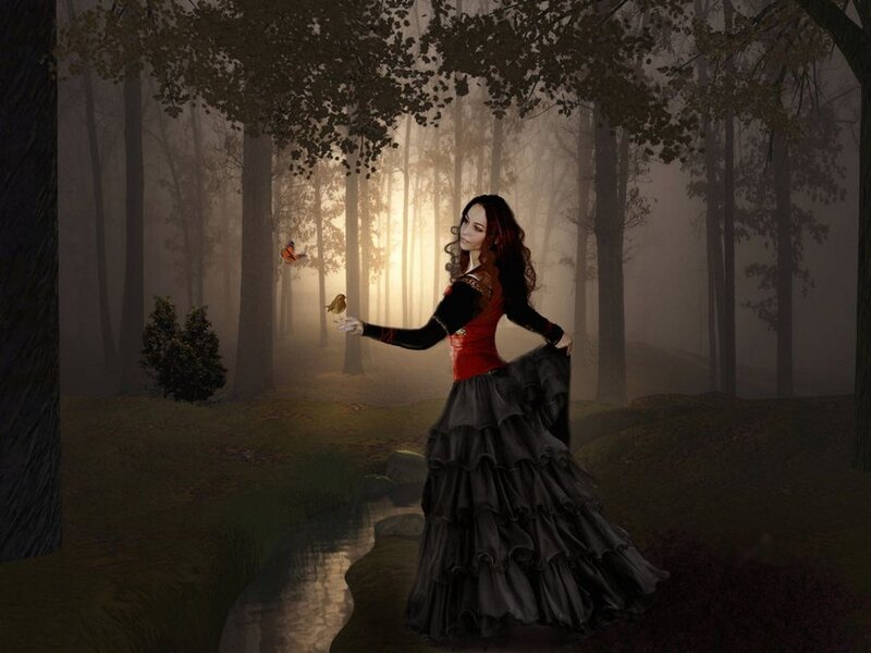 Woman in Forest — Black, Serene, Sunset