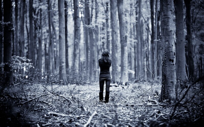 Woman in Forest — Black, Somber, Photograph, Trees, Forest Floor, Branches, White