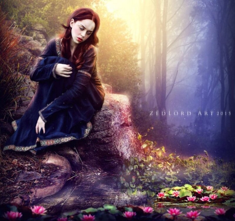 Woman in Forest — Blue, Dramatic, Sunset
