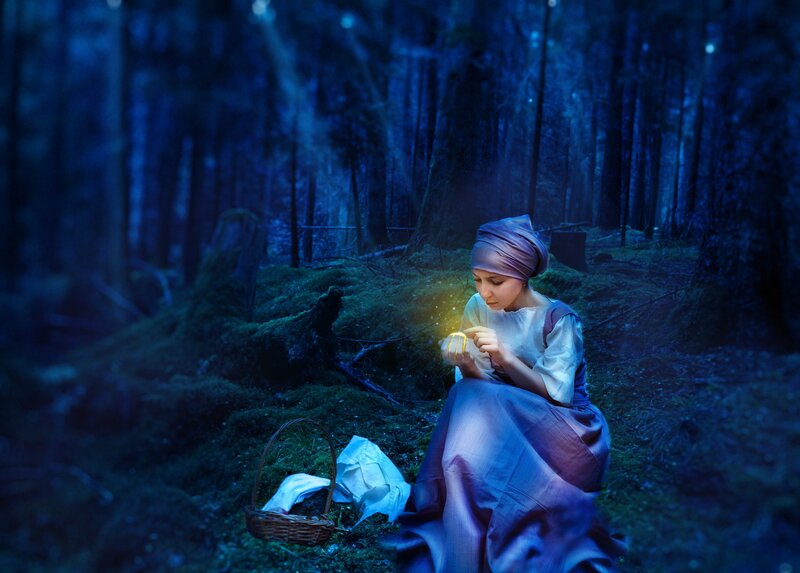 Woman in Forest — Blue, Mysterious, Night, Digital Art, Basket