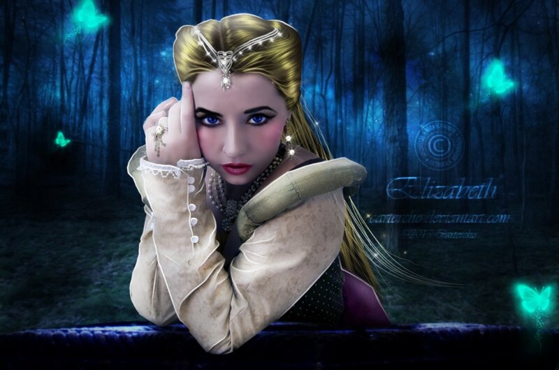 Woman in Forest — Blue, Mysterious, Night, Digital Art, Butterflies