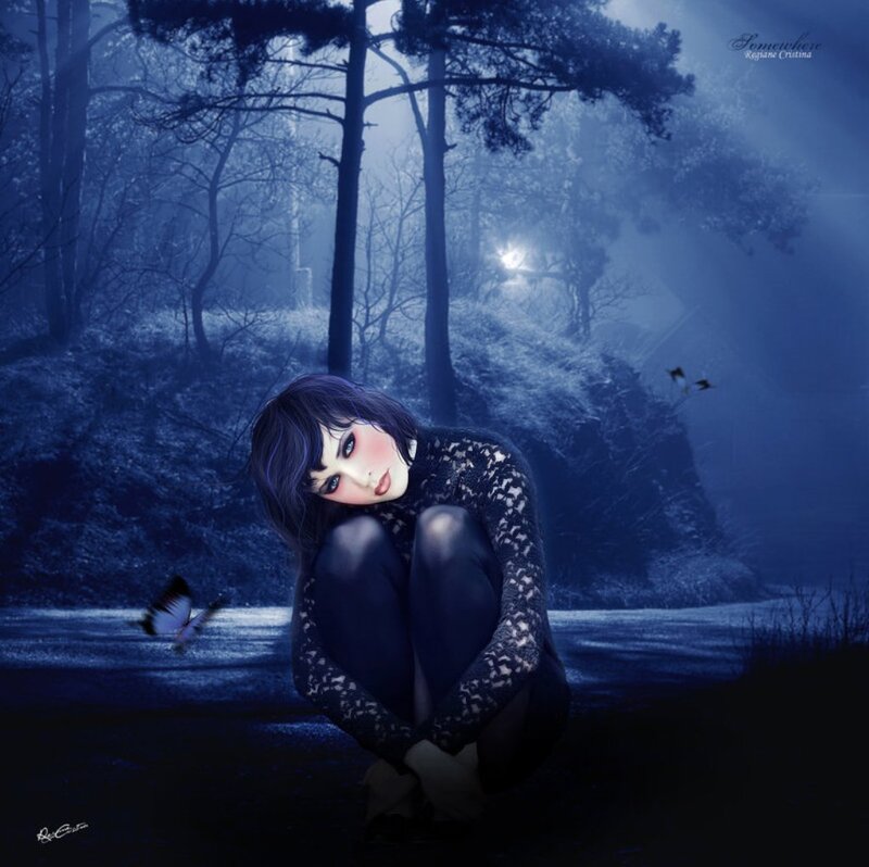 Woman in Forest — Blue, Mysterious, Night, Digital Art, Butterfly