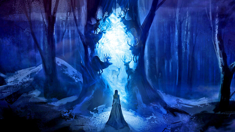 Woman in Forest — Blue, Mystical, Night, Digital Art, Deer, Trees