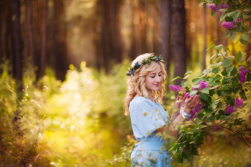 Woman in Forest — Blue, Serene, Afternoon
