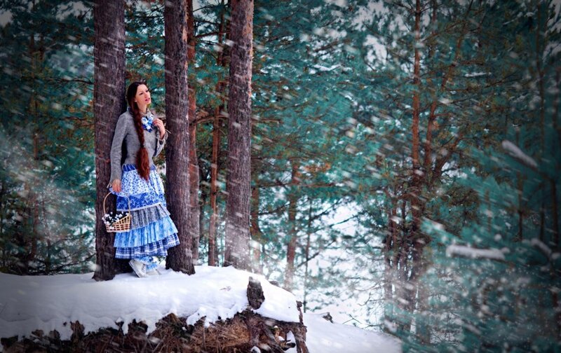 Woman in Forest — Blue, Serene, Winter