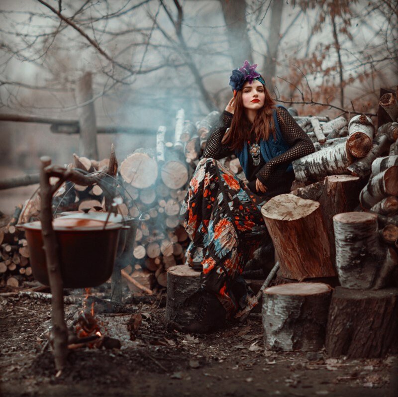 Woman in Forest — Brown, Dramatic, Autumn, Photograph, Fire