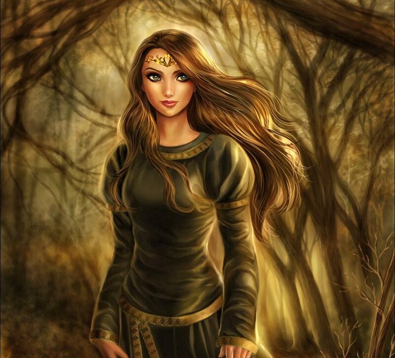Woman in Forest — Brown, Dramatic, Digital Art