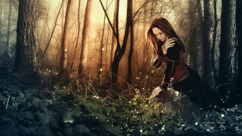 Woman in Forest — Brown, Dramatic, Sunset, Digital Art