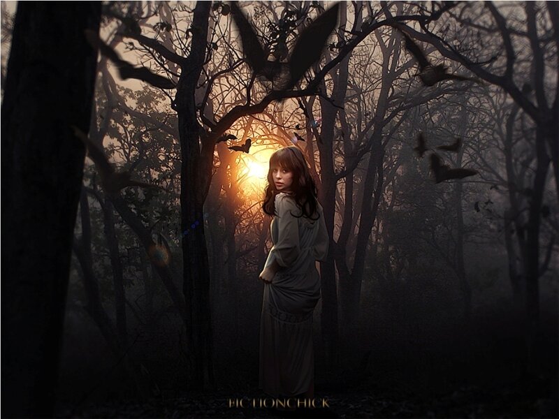 Woman in Forest — Brown, Dramatic, Sunset, Digital Art, Trees
