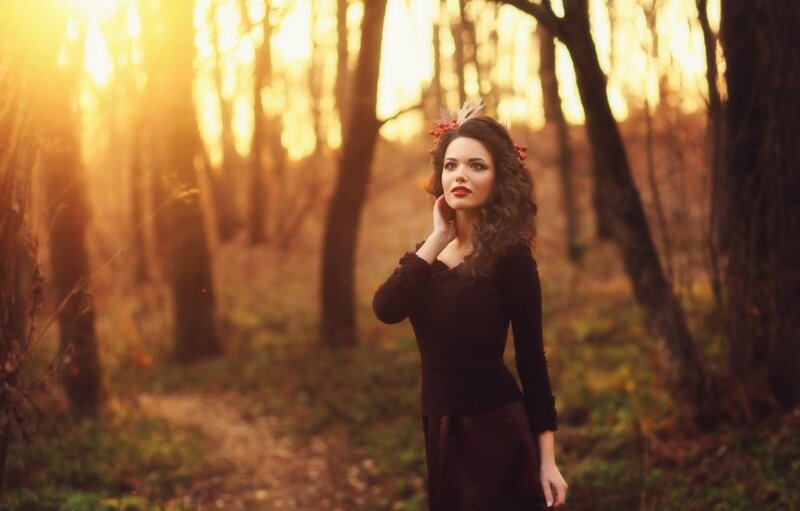 Woman in Forest — Brown, Dramatic, Sunset, Photograph, Trees
