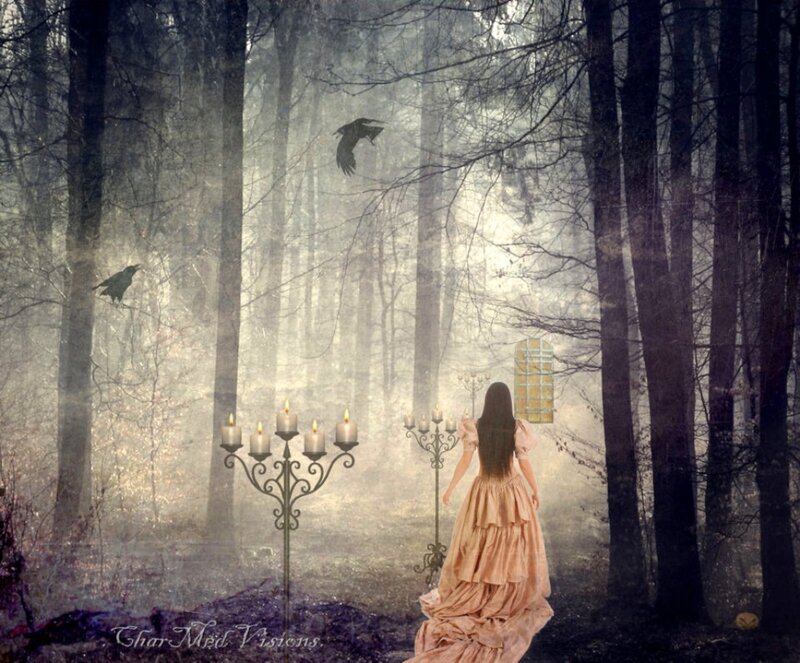 Woman in Forest — Brown, Mysterious, Night, Digital Art, Candelabras