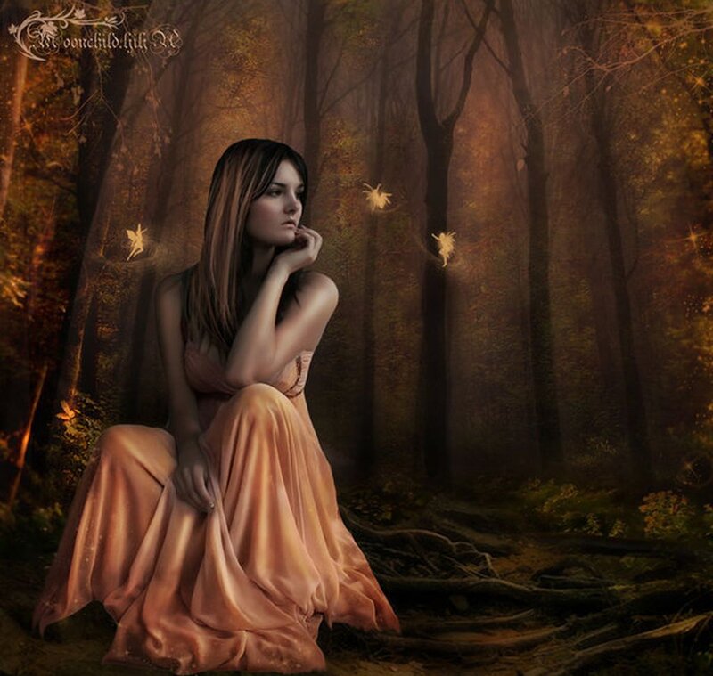 Woman in Forest — Brown, Mysterious, Night, Digital Art, Dress
