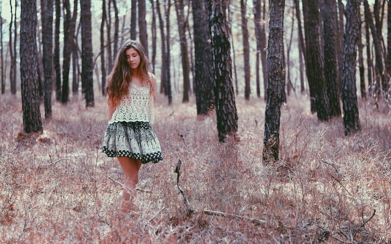 Woman in Forest — Brown, Serene, Autumn, Photograph