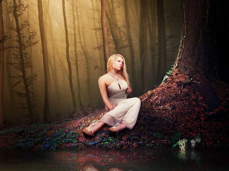 Woman in Forest — Brown, Serene, Morning, Photograph
