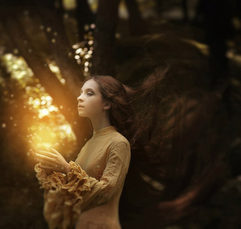 Woman in Forest — Brown, Serene, Night