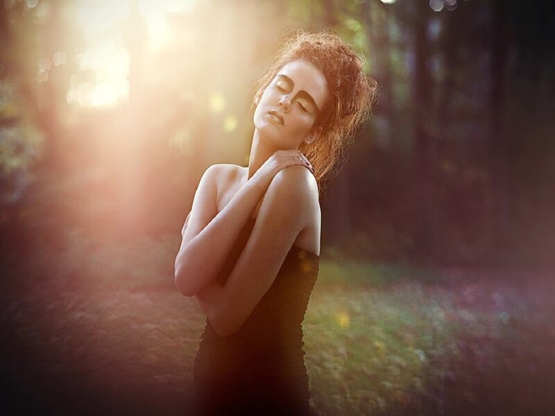 Woman in Forest — Brown, Serene, Sunset
