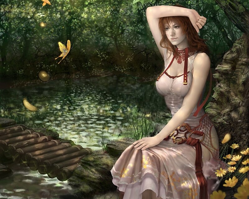 Woman in forest by pond