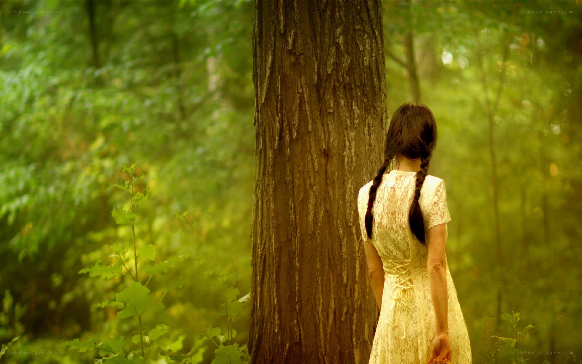 woman in forest by tree