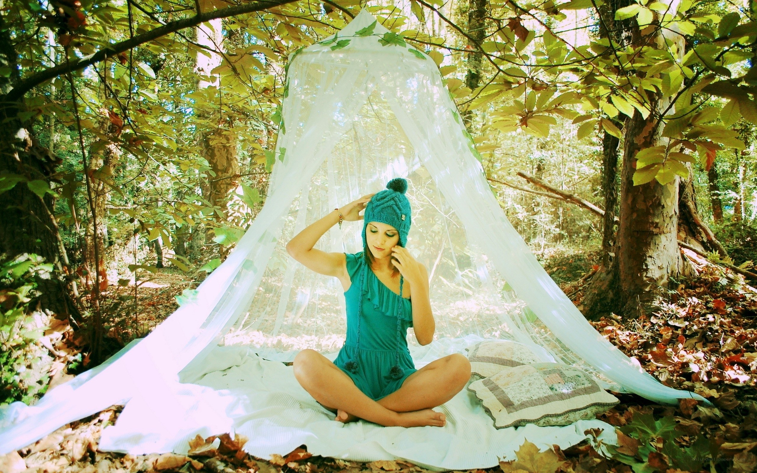 Woman in forest canopy