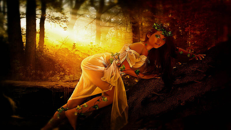 Woman in Forest — Gold, Dramatic, Sunset, Digital Art
