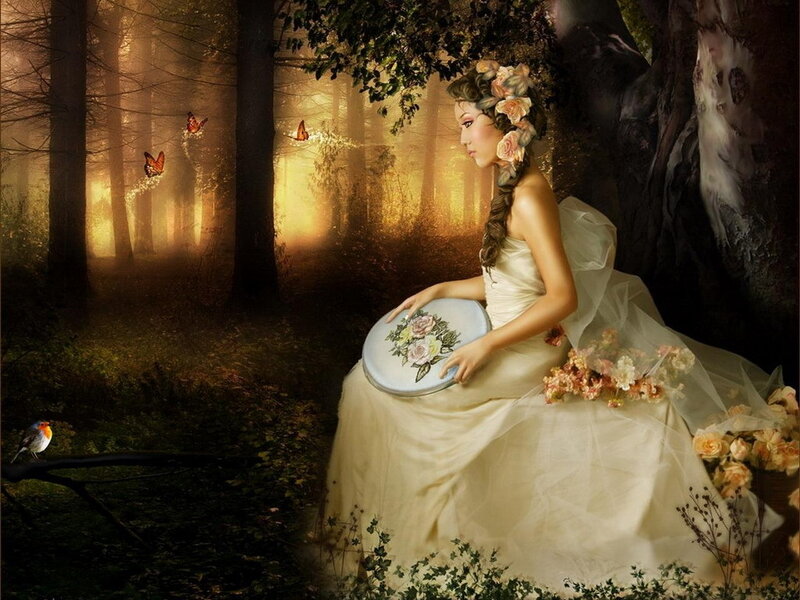 Woman in Forest — Gold, Serene, Sunset