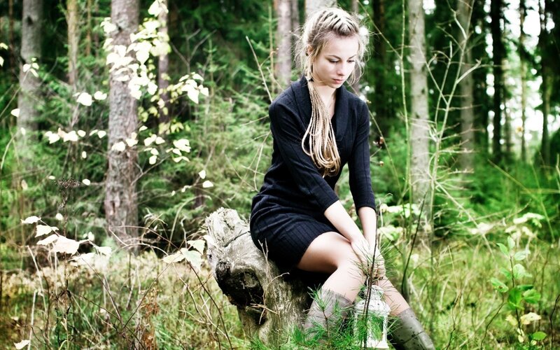 Woman in Forest — Green, Contemplative, Afternoon, Photograph, Tree Stump