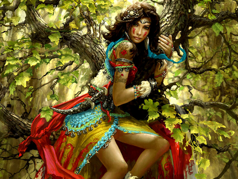 Woman in Forest — Green, Dramatic, Afternoon, Digital Art