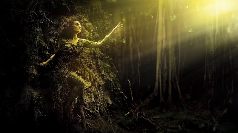 Woman in Forest — Green, Dramatic, Digital Art, Light Beams