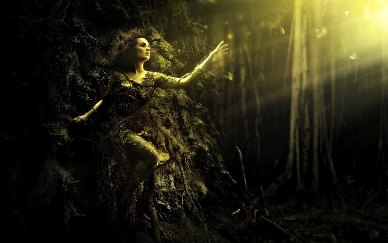 Woman in Forest — Green, Dramatic, Digital Art, Roots, Light