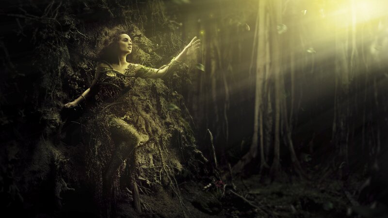 Woman in Forest — Green, Dramatic, Night, Digital Art, Light