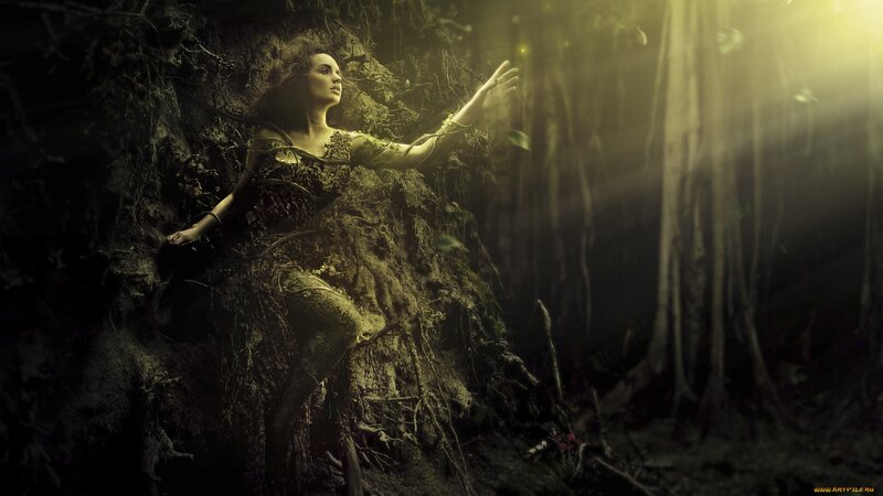 Woman in Forest — Green, Dramatic, Night, Digital Art