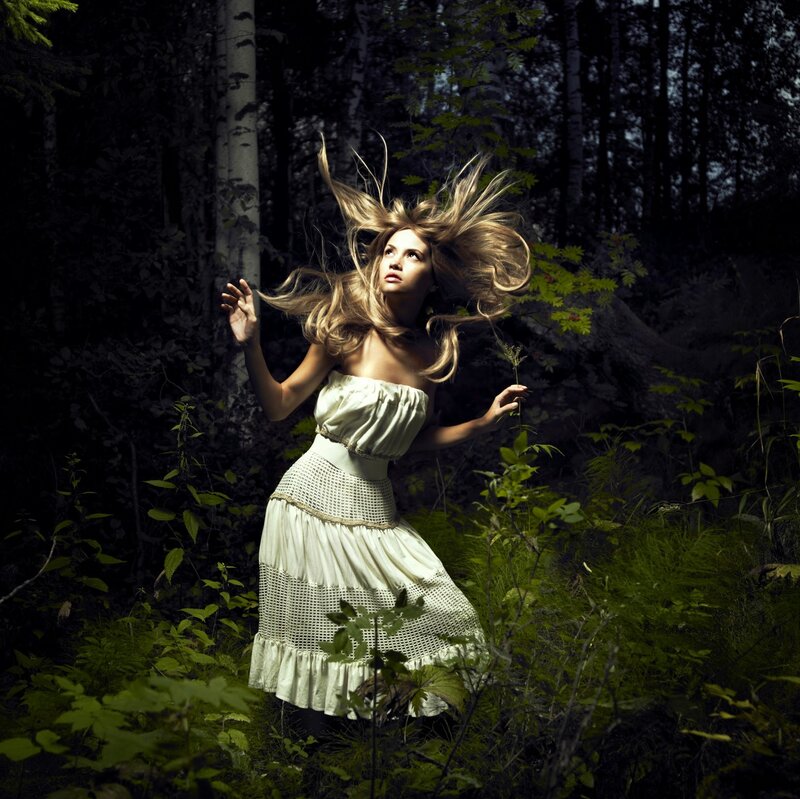 Woman in Forest — Green, Dramatic, Night, Photograph, Dress